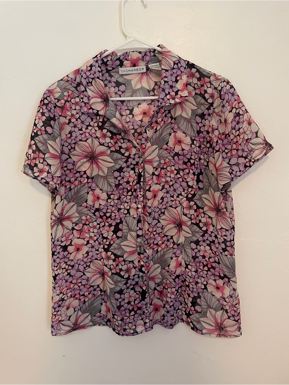 Vintage Sag Harbor Sheer Floral Short-Sleeve Button Front Top - Pink/Black